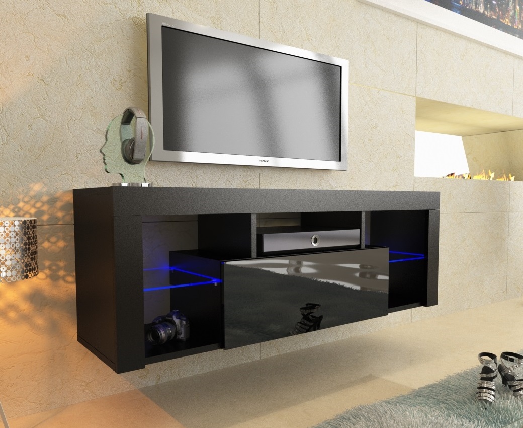 130cm Black Matt & Gloss Modern TV Unit with LED Lights. Can be wall mounted. iQGB UK