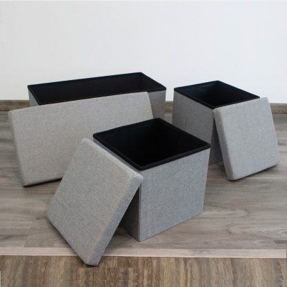 Laura 3x Collapsible Linen Ottoman Storage Box Seats - Grey - Image 4