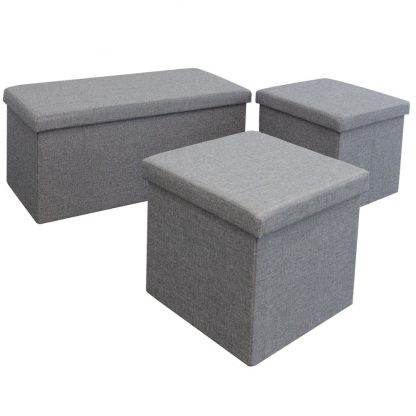 Laura 3x Collapsible Linen Ottoman Storage Box Seats - Grey - Image 2