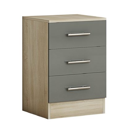 QFF Grey Gloss On Sonoma Oak 3 Drawer Bedside Cabinet Table