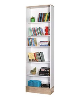 Modern Designer Tall 6 Shelf Bookcase in White with Oak Plinth and Top