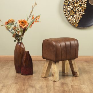 Genuine Leather Brown/ Natural Stain Ribbed Stitch Bug Stool