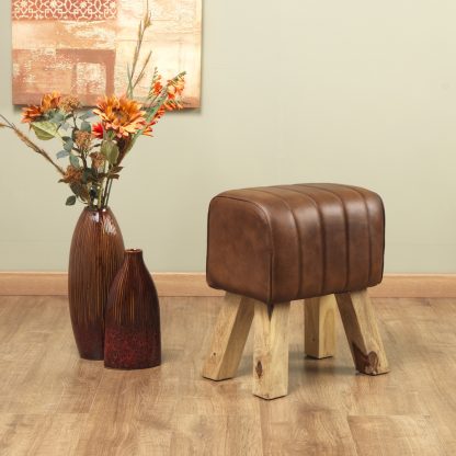 Genuine Leather Brown/ Natural Stain Ribbed Stitch Bug Stool - Image 2