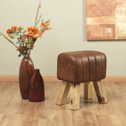 Genuine Leather Brown/ Natural Stain Ribbed Stitch Bug Stool - Image 3