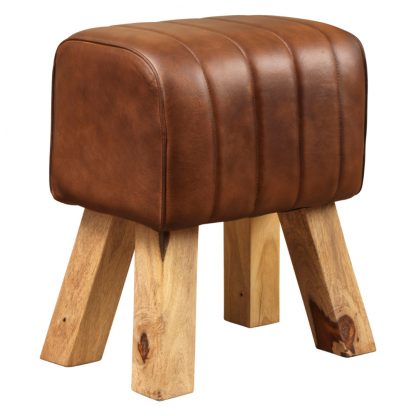Genuine Leather Brown/ Natural Stain Ribbed Stitch Bug Stool - Image 5