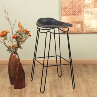 Black Artisan Genuine Leather Bar Stool