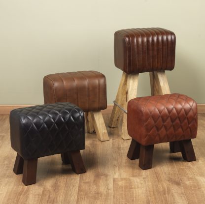 Genuine Leather Black/ Dark Stain Diamond Bug Stool - Image 4