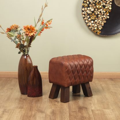 Genuine Leather Red/ Dark Stain Diamond Bug Stool - Image 3