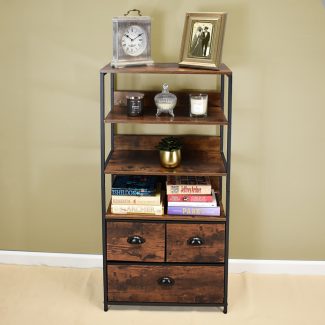 Maya Industrial Soft 3 Drawer 3 Shelf Storage Cabinet - Wood Grain & Black