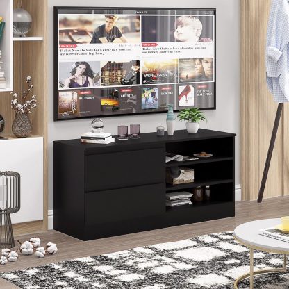 Stora Modern 2 Drawer Open Shelving TV Unit - Matt Black - Image 5