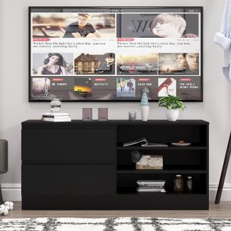 Stora Modern 2 Drawer Open Shelving TV Unit - Matt Black