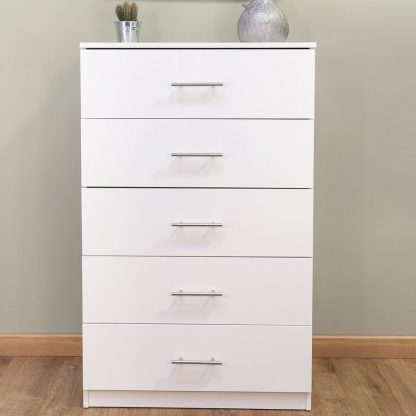 Helston Modern & Tall 5 Drawer Chest - White Gloss - Image 2