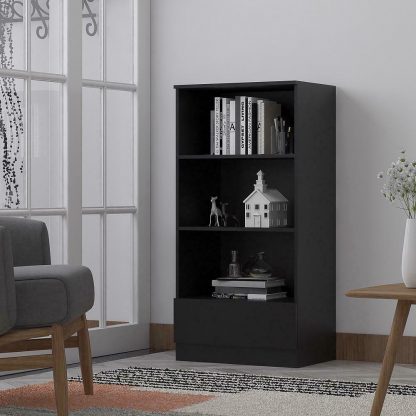 Home Office Matt Black Bookcase. 3 Open Shelves. Bottom Drawer. 120cm tall. - Image 4