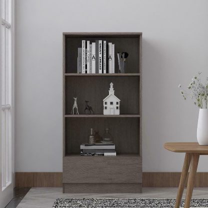 Stora Office Rustic Oak Bookcase. 3 Open Shelves. Bottom Drawer. 120cm tall. - Image 6