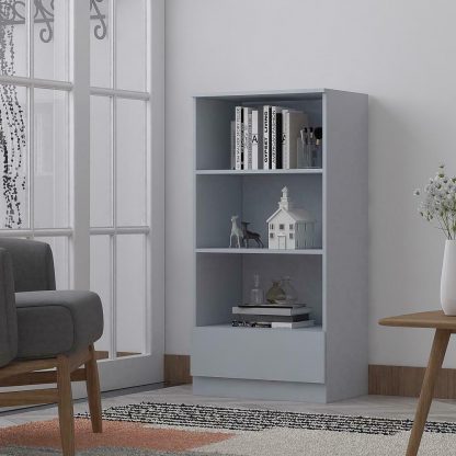 Home Office Matt Grey Bookcase. 3 Open Shelves. Bottom Drawer. 120cm tall. - Image 4