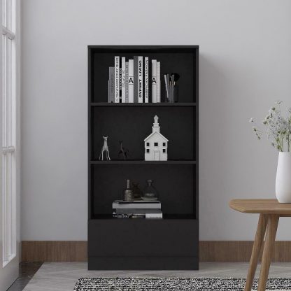 Home Office Matt Black Bookcase. 3 Open Shelves. Bottom Drawer. 120cm tall. - Image 5