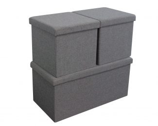 Laura 3x Collapsible Linen Ottoman Storage Box Seats - Grey
