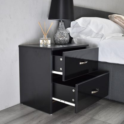 Chilton 2 Drawer Black Gloss Bedside Cabinet Table - Image 2