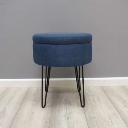 Round Storage Ottoman Stool Blue linen With Hairpin Legs - Image 2
