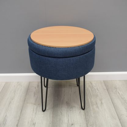 Round Storage Ottoman Stool Blue linen With Hairpin Legs - Image 3