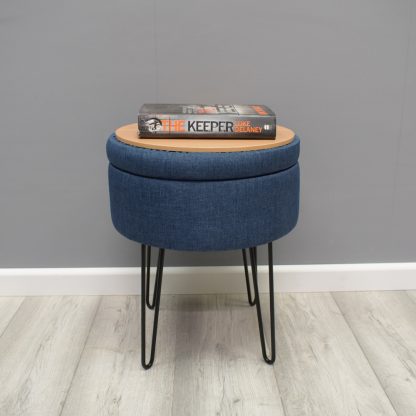 Round Storage Ottoman Stool Blue linen With Hairpin Legs - Image 4