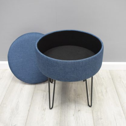 Round Storage Ottoman Stool Blue linen With Hairpin Legs - Image 5