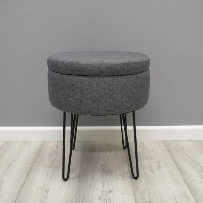 Round Storage Ottoman Stool Grey linen With Hairpin Legs - Image 3