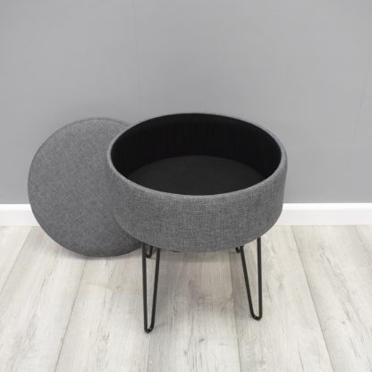 Round Storage Ottoman Stool Grey linen With Hairpin Legs - Image 2