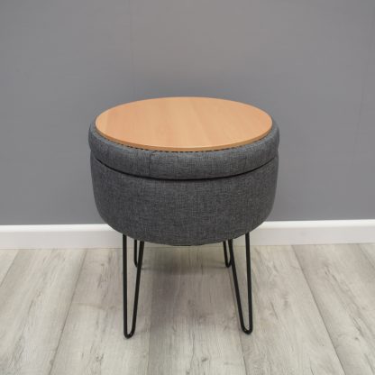 Round Storage Ottoman Stool Grey linen With Hairpin Legs - Image 4
