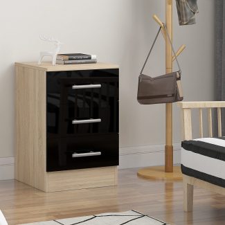 QFF Black Gloss on Oak 3 Drawer Bedside