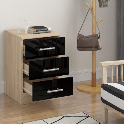QFF Black Gloss on Oak 3 Drawer Bedside - Image 2