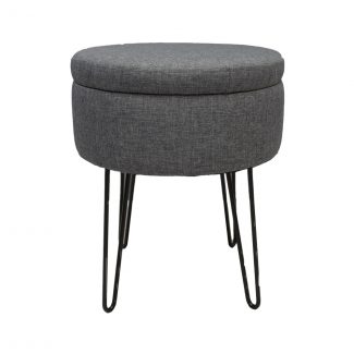 Round Storage Ottoman Stool Grey linen With Hairpin Legs