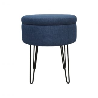 Round Storage Ottoman Stool Blue linen With Hairpin Legs