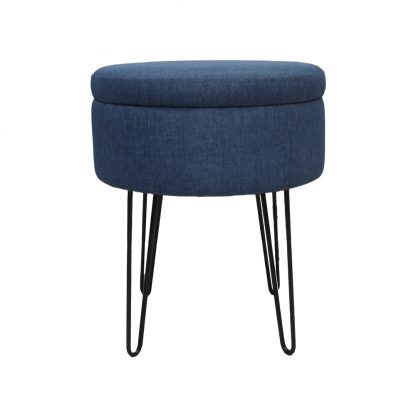 Round Storage Ottoman Stool Blue linen With Hairpin Legs
