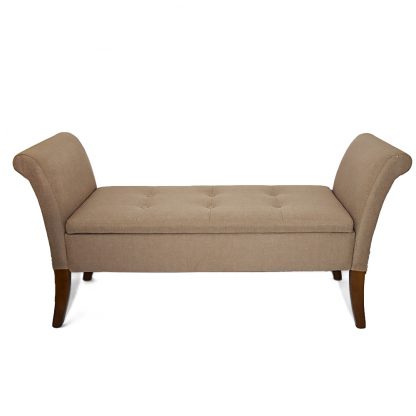 Ottoman Storage Window Seat in Brown Linen. Buttoned Hinged Seat. Wood Legs. - Image 2