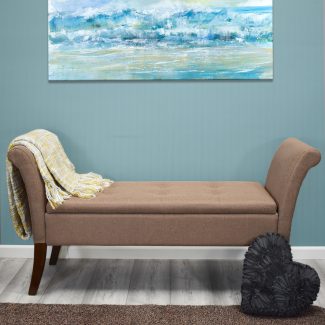 Ottoman Storage Window Seat in Brown Linen. Buttoned Hinged Seat. Wood Legs.