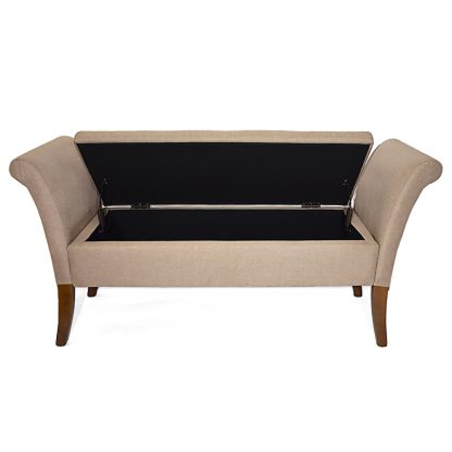 Ottoman Storage Window Seat in Brown Linen. Buttoned Hinged Seat. Wood Legs. - Image 3