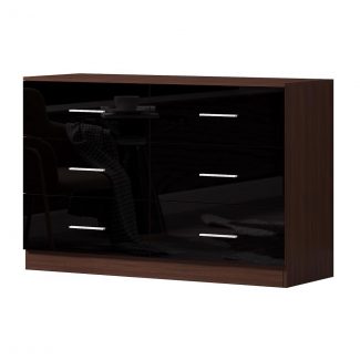Black Gloss On Walnut 6 Drawer Chest Of Drawers With Metal Handles