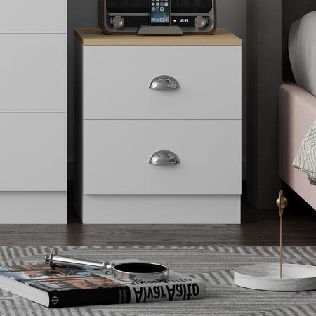 Esher 2 Drawer Bedside Table Matt White With Oak Top - Image 4