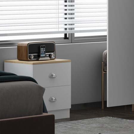 Esher 2 Drawer Bedside Table Matt White With Oak Top